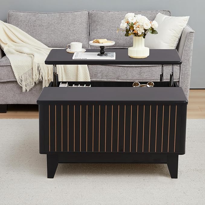 Lift Top Coffee Table, Square Coffee Table with Hidden Storage Compartment, Farmhouse Wood Center Table Dining Table for Living Room, Bedroom, Home Office (Black)