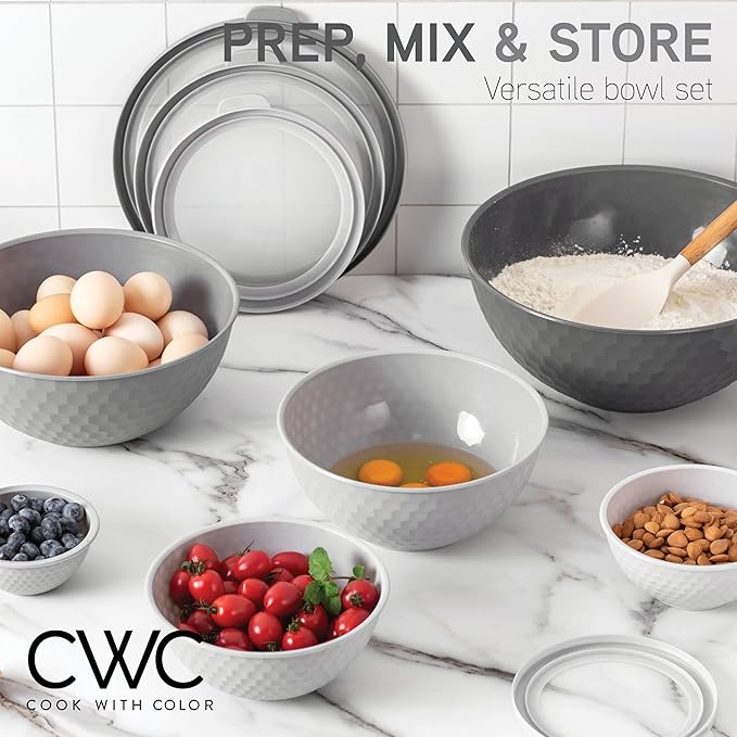 COOK WITH COLOR Mixing Bowls with Lids - 12 Piece Plastic Nesting Bowls Set includes 6 Prep Bowls and 6 Lids, Non Slip Bottom and Embossed Design - Microwave Safe (Grey)