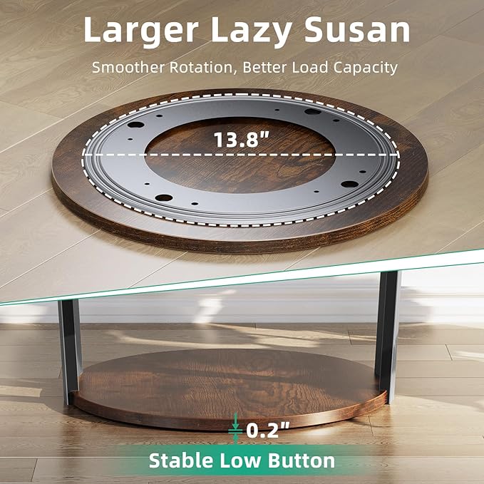 Rotating Round Side Table, 3-Tier End Table with Metal Frame, Nightstand for Small Spaces, Side Table Living Room Bedroom Sofa Bathroom, Vintage Brown