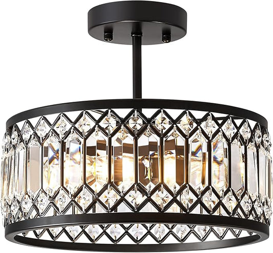 Crystal Black Ceiling Light, Modern Semi Flush Mount Ceiling Lighting Fixture, Round Hallway Lighting Fixtures Chandelier for Kitchen Entryway Bedroom Dining Room, 3-Light, 12.2 Inch