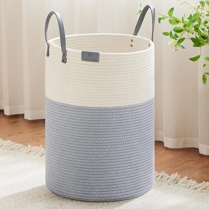 VIPOSCO Tall Laundry Basket, Large Dirty Clothes Hamper with Leather Handle, Woven Rope Storage Basket for Blanket, Toy In Living Room, Bathroom, Bedroom - 100L Grey & White