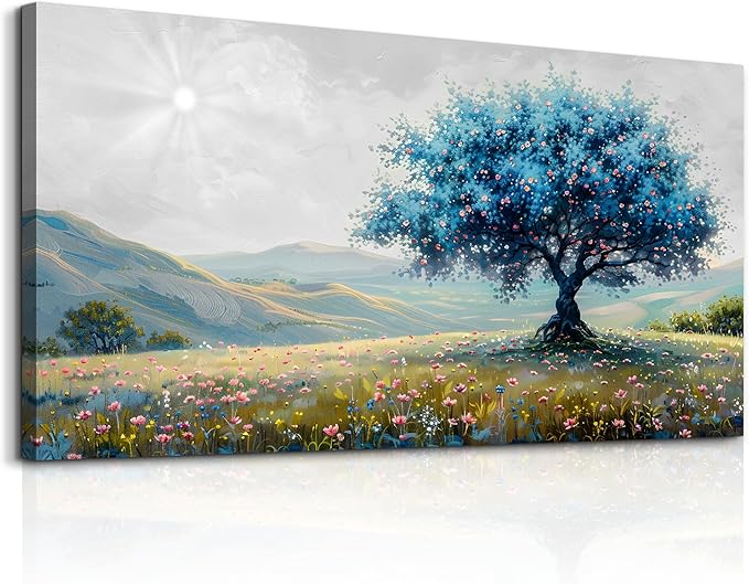 FUHAIHUA Canvas Wall Art For Living Room Modern Wall Decor For Bedroom Office Wall Decoration Pastoral Landscape Painting Blue Tree Pictures Artwork Ready To Hang Room Aesthetic Home Decor 20x40 In