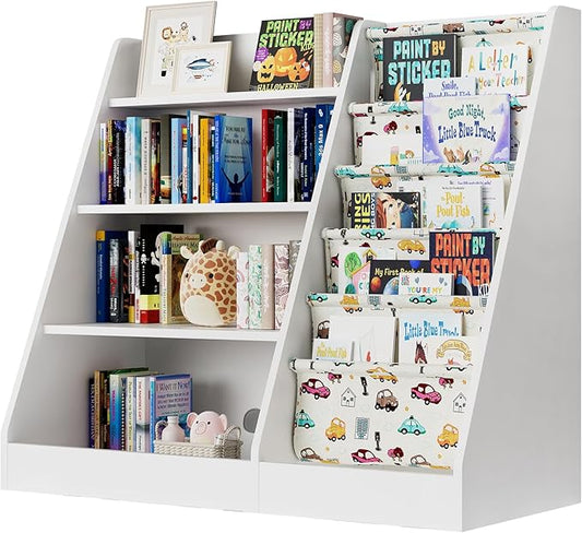 4 Tier Kids Wooden Bookshelf,Five Layer Sling Bookcase,Baby Storage Book Rack,Kids Book and Toy Organizer Cabinet Chest,Infant Book Display,Playroom Kids Room Classroom Nursery Bedroom