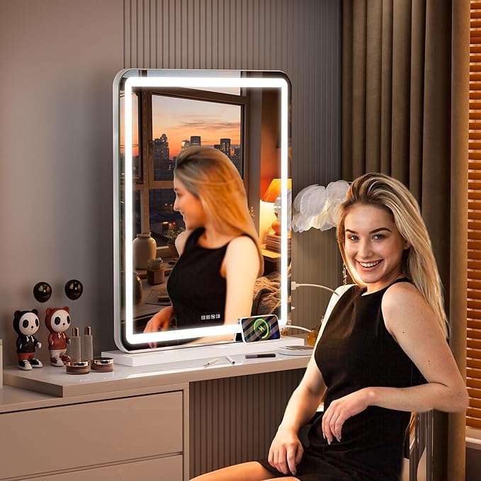 Hasipu Vanity Mirror with Lights and Bluetooth Speaker, 20" x 25" LED Makeup Mirror, Light up Mirror with 10X Magnification and USB Charging Port, Smart Touch 3 Colors Dimmable (White)