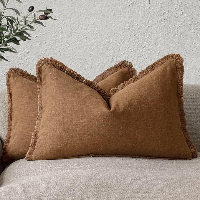 Foindtower Set of 2 Decorative Linen Fringe Lumbar Throw Pillow Covers Farmhouse Cushion Cover with Tassels Soft Accent Pillowcase for Couch Sofa Bed Living Room Home Decor,12×20 Inch,Orange Brown