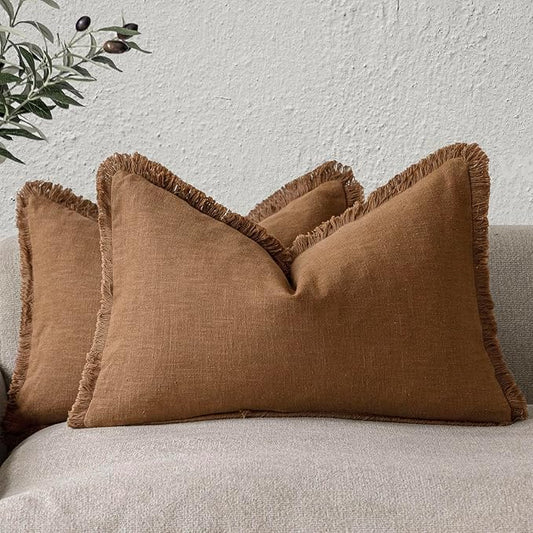 Foindtower Set of 2 Decorative Linen Fringe Lumbar Throw Pillow Covers Farmhouse Cushion Cover with Tassels Soft Accent Pillowcase for Couch Sofa Bed Living Room Home Decor,12×20 Inch,Orange Brown
