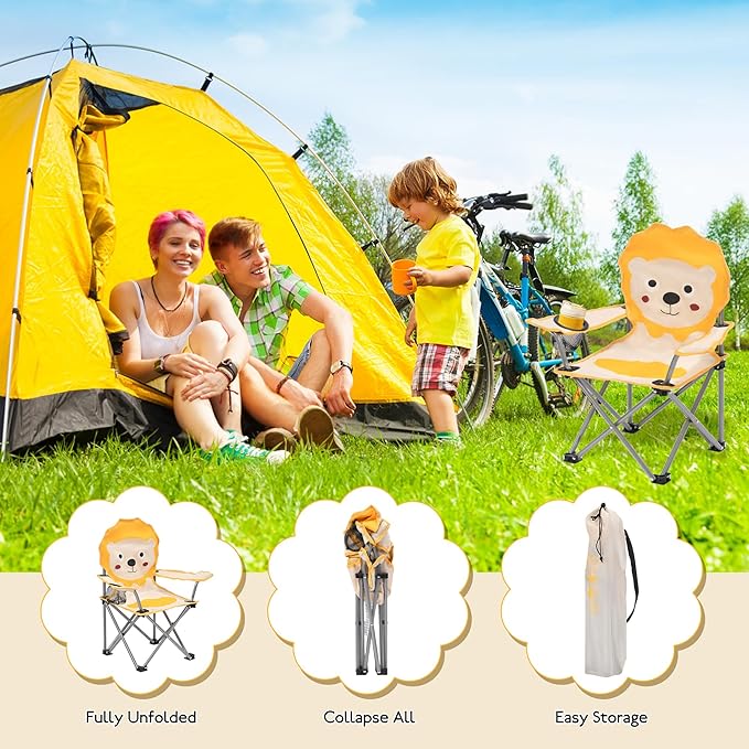 XMT Kids Folding Chair with Cup Holder - Portable Lightweight Outdoor & Indoor Chair for Children Ages 3-9, Anti-Slip Base, Sturdy Metal Frame, Compact Foldable Design with Carry Bag (Yellow/Brown)