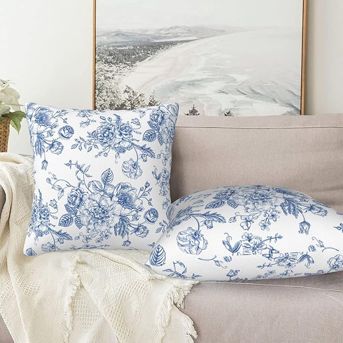 Blue and White Floral Throw Pillow Covers 18x18 Inch Set of 2 Chinoiserie Decorative Flower Pillows Cover Farmhouse Country Cushion Case of Sofa Living Room Bedroom