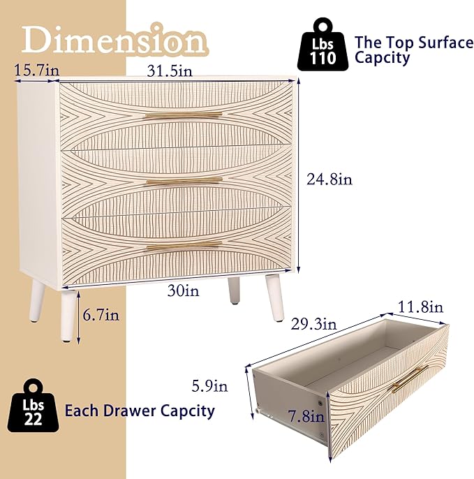 3 Drawer Dresser, White Wooden Dresser with Metal Handles, Bedroom Storage Organizer, TV Stand, Entryway Furniture, Texture Beige