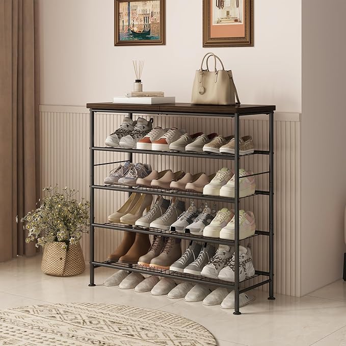 Shoe Rack Organizer 5 Tier for Closet Entryway Free Standing Metal Storage Shoe Shelf with MDF Top Board，Black+Rustic Brown