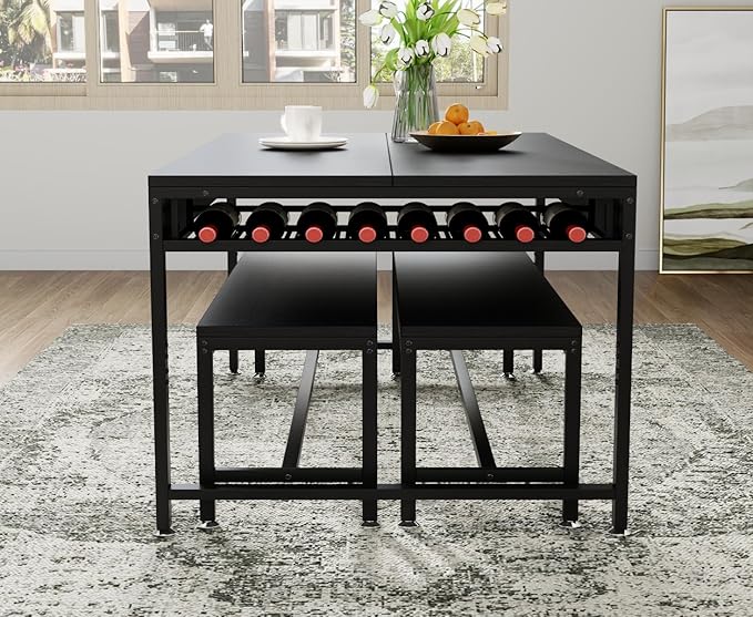 Loomie 63" Dining Table Set for 4-6, 3-Piece Kitchen Table with 2 Utensil Drawers, 2 Benches & Wine Rack, Modern Space Saving & Heavy Duty Dinner Table Set with Metal Frame & MDF Board,Black