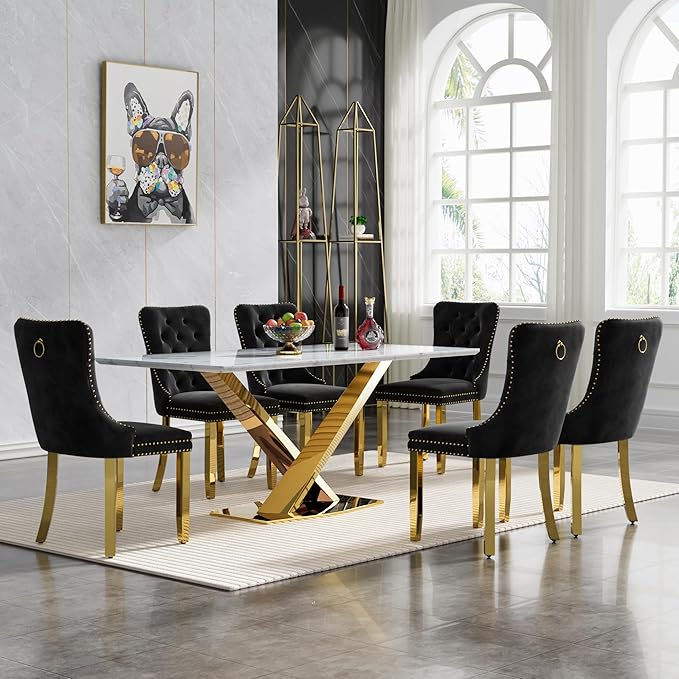 70" Faux Marble Dining Table Set for 6, 7-Piece Dining Set with White Gold Kitchen Table and 6 Velvet Tufted Chairs, Modern Rectangular Dining Room Table with X-Shape Stainless Steel Base