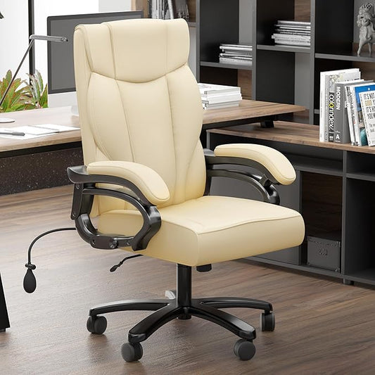 Big and Tall Executive Office Chair, Wide Seat Leather Chair with Lumbar Support and Comfy Arms, Ergonomic High Back Computer Desk Chair for Home (White)