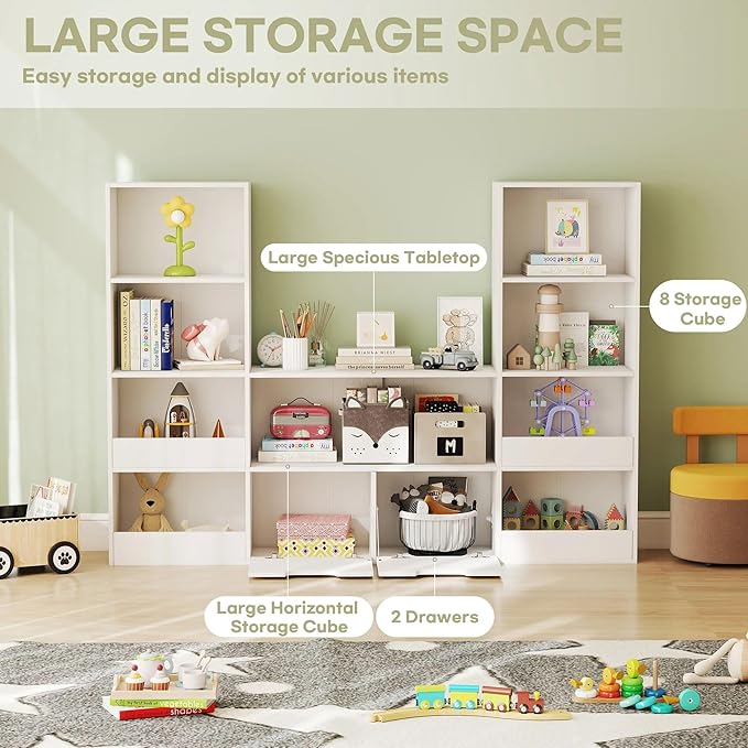 4 Tier Kids Bookshelf and Toys Storage Organizer - Bookcase for Kids Room,9 Cube Toys Bookshelf with 2 Drawers,Book Shelf for Living Room Nursery for Children, Toddlers, Gifts,White