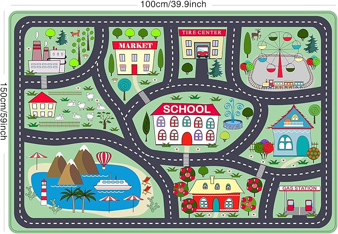 Kids Playmat Car Rug, Kids Play Rugs Town City Road Map Rug, Large Educational Car Mat, Boys Track Play Mat, Kid Rugs for Playroom Bedroom Living Room (Style 2, 59X 39.4 INCH)