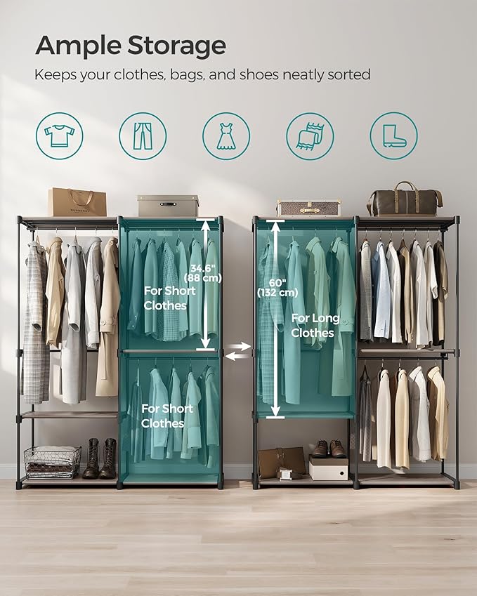 SONGMICS Portable Closet, Freestanding Closet Organizer, Clothes Rack with Shelves, Hanging Rods, Storage Organizer, for Cloakroom, Bedroom, 54.3 x 16.9 x 71.7 Inches, Taupe URYG025R02