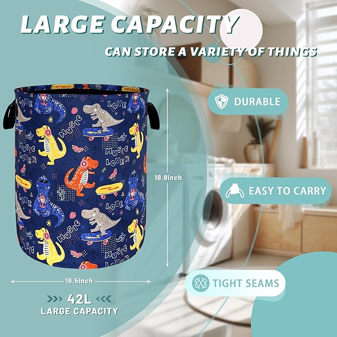 Funny Dinosaur Laundry Basket Foldable Oxford Cloth Colorful Laundry Hamper With Handle Portable Clothes Storage Basket 18.9 X 16.5 Inch Storage Bag For Laundry Room/Bathroom/Bedroom