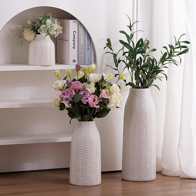 hjn Large White Vase for Flowers Ceramic Vase for Home Decor Tall Vases for Your Floor/Kitchen/Office/Living Room/Table- White Texture(Large)