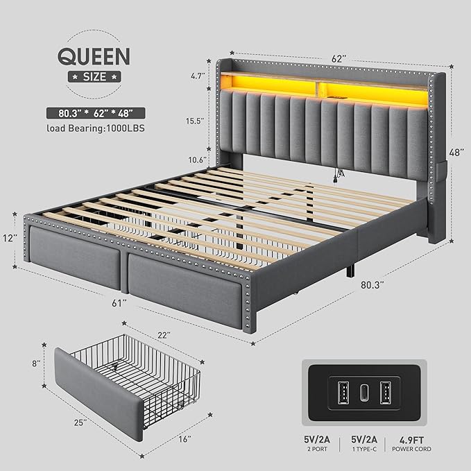 EnHomee Queen Bed Frame with 2 Storage Drawers, Upholstered Platform Bed with LED Lights and Charging Station, Sturdy Wooden Slats Support, No Box Spring Needed, Noise Free, Grey
