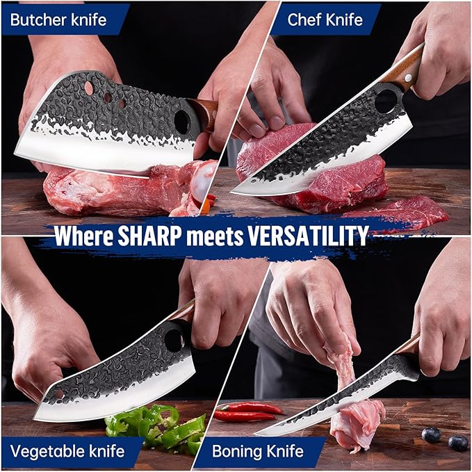 Butcher Knife Set, KITNATS 4PCS Hand Forged kitchen knives Set-Meat Cleaver Knife & Serbian Chef Knives & Vegetable Knives & Boning Knifes, Viking Knives for Kitchen, Outdoor Cooking, BBQ Gift for Men