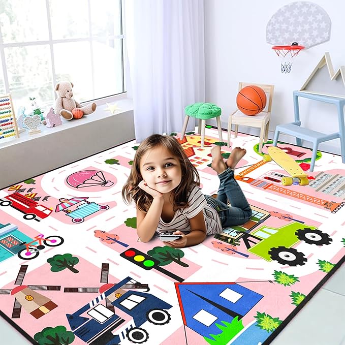Car Rugs for Kids Toy - Car Track Carpet for Boys Road Rug for Bedroom Road Map Carpet for Kids Toy Play Mat Farm, 4. 5x6 Feet