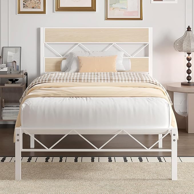 VECELO Twin Size Bed Frame with Headboard, Heavy-Duty Platform Bedframe with Metal Slats Support, No Box Spring Needed, Easy Assembly, White & Natural