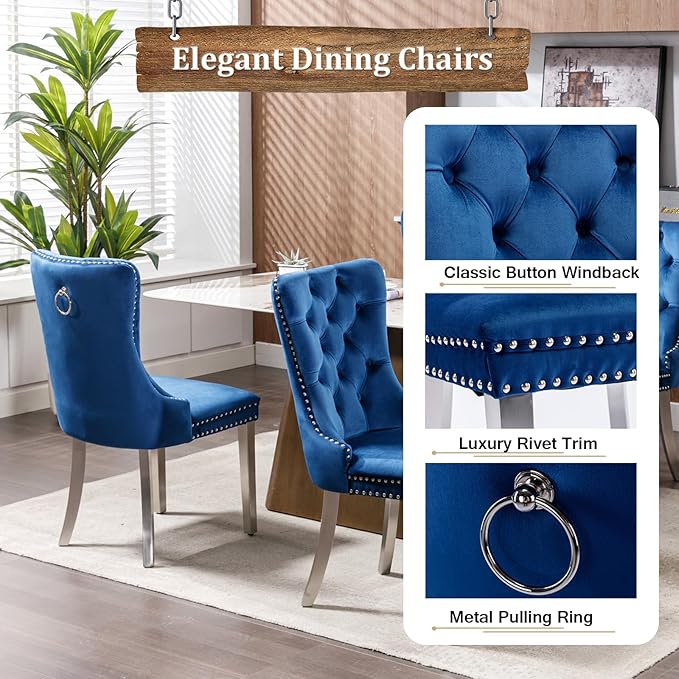 Goujxcy 7 Piece Marble Dining Table Set for 6, Luxury White Marble Silver Kitchen Table with 6 Blue Velvet Upholstered Chairs, Modern 6 Person Dining Room Table Set for Kicken Dining Office Room