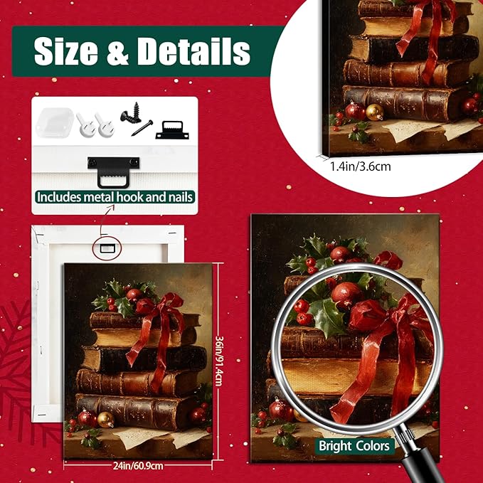 Dark Academia Christmas Canvas Wall Art - Vintage Books & Holly Framed Print for Library Reading Nook, Moody Winter Decor, Unique Christmas Gifts for Book Lovers & Festive Decorations