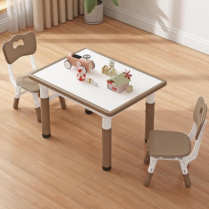Toddler Table and 2 Chairs, Kids Table and Chair Set Height Adjustable, 31.5''L x 23.6''W Multifunctional Graffiti Desktop for Reading, Drawing, Eating, for Girls & Boys Age 2-10, Brown-02