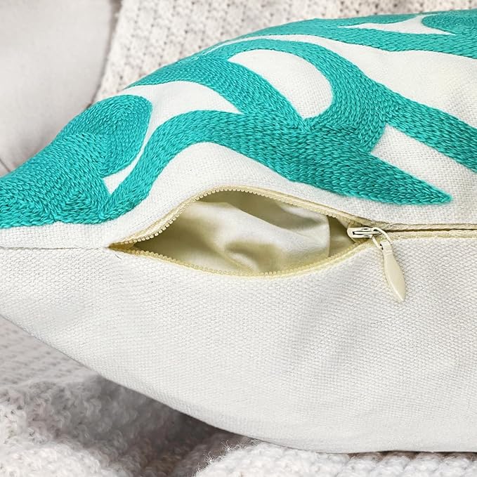 Alysheer Embroidered Decorative Throw Pillow Cover 18" x 18", Classic Modern Stylish Mandala Turquoise Embroidery Patterned Cotton Aqua Green Cushion Case for Sofa Couch Bed Living Room Decor