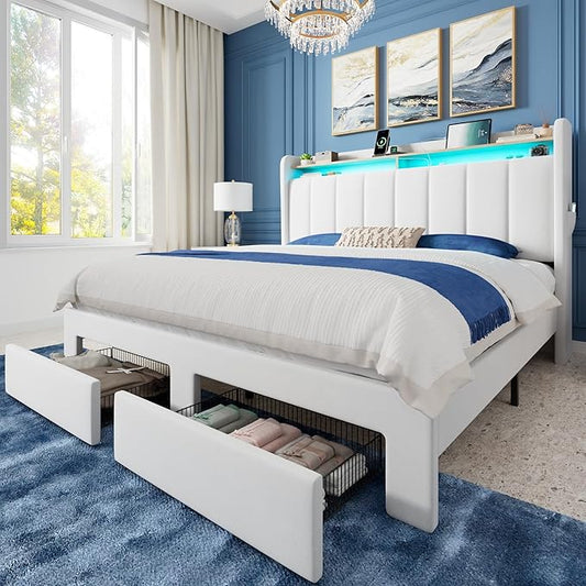 Allewie Velvet Vertical Tufted Full Size Upholstered Platform Bed Frame with 2-Tier LED Storage Headboard & 2 Storage Drawers, USB & Type-C Charging Ports, Noise-Free/No Box Spring Needed, White