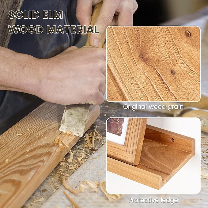 Fun Memories Picture Ledge Shelf, 36 Inch Floating Shelves for Wall, Nursery Bookshelf for Storage, Rustic Elm Wood Photo Ledge Shelves for Bedroom, Living Room, Kitchen (Natural, 36in Set of 2)