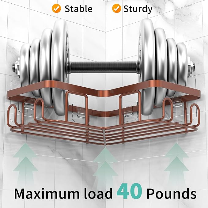 Moforoco Adhesive Corner Shower Caddy, 3 Pack Organizer with Soap Holder and 12 Hooks, Rustproof Shower Shelves for Bathroom, Brown