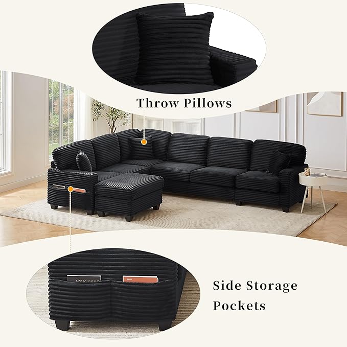 125.2" Sectional Sofa U-Shaped Upholstered Sofa L-Shaped Couch with a Movable Ottoman and Side Storage Pockets for Living Room, Black