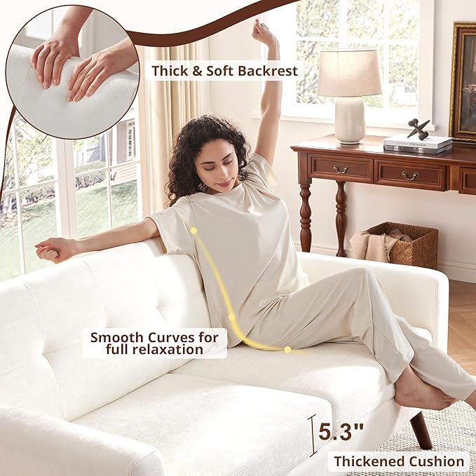 Tbfit 65" W Loveseat Sofa, Mid Century Modern Couches Love Seats for Living Room, Button Tufted Upholstered Small Couch for Bedroom, Solid and Easy to Install Love Seats Furniture, White