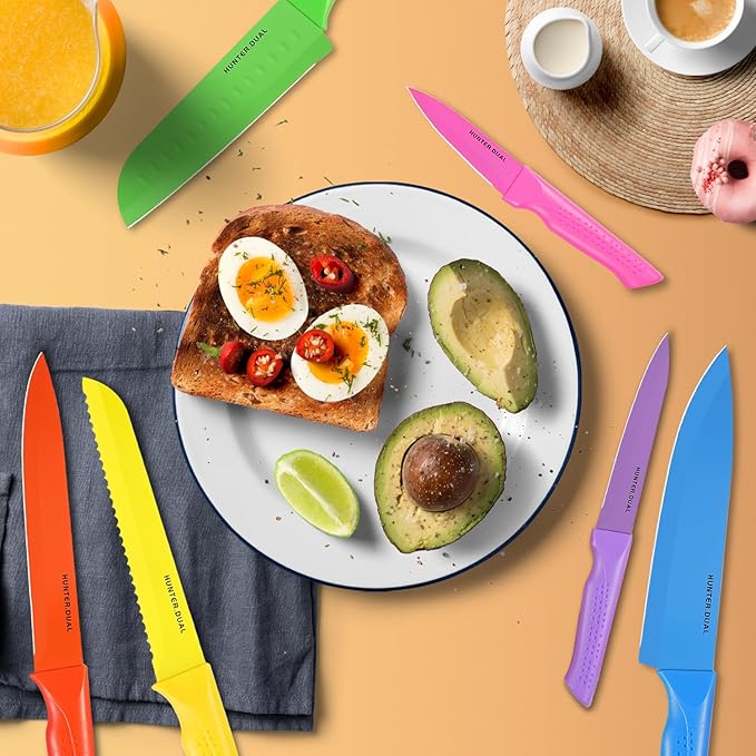 Knife Set, 12-PC Colorful Kitchen Knife Set, 6 Sharp Kitchen Knives with Built-in Sharpener Covers for Cooking, Cutting&Chopping (Multicolor)