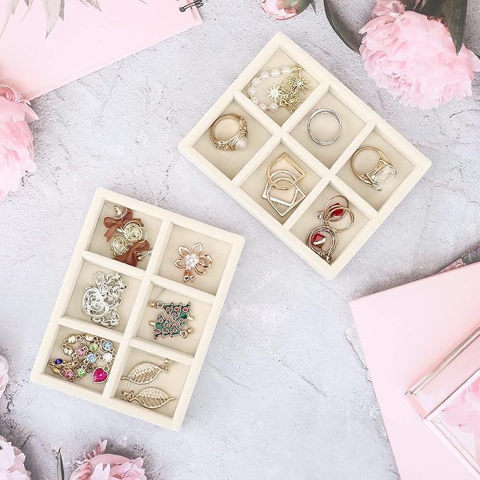 DesignSter Small Jewelry Tray-Ring Organizer 2PCS Premium Velvet Rings Earrings Display Tray Storage Insert Holder for Jewelry Box, Drawer, Dresser (6 Grids, Beige)