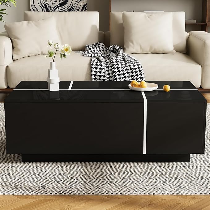 Modern High Gloss Coffee Table with Hidden Storage Space, 47.2-Inch Wooden Extending Top Center Table with Drawers for Living Room, Black