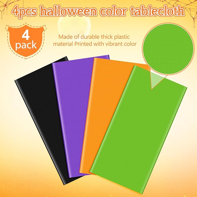 MASHAN 4Pcs Round Halloween Tablecloth Plastic Orange Black Purple Green Table Cloths Disposable Round Table Covers for Halloween Witch Vampire Party Decorations, 84inch