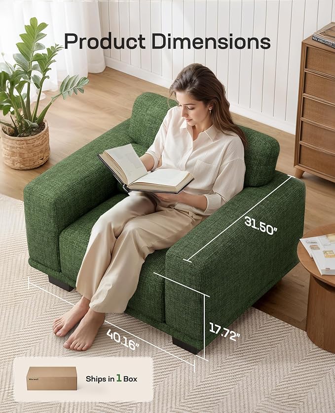 Marsail 40" Sofa Couch, 1-Seater Couches with Wide Armrests & Deep Cushions, Modern Linen Fabric Sofas for Living Room, Comfy Upholstered Couch with Removable Washable Covers, Green