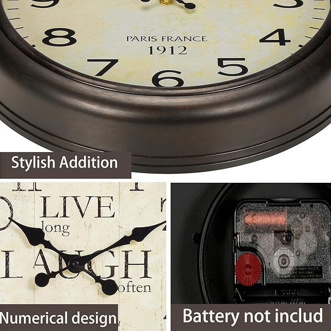 16 Inch Vintage Wall Clock, Silent Non-Ticking Quartz Battery Operated Decorative Clock for Home, Kitchen, Living Room, Dining Room, Office, Antique Brown Arabic Number