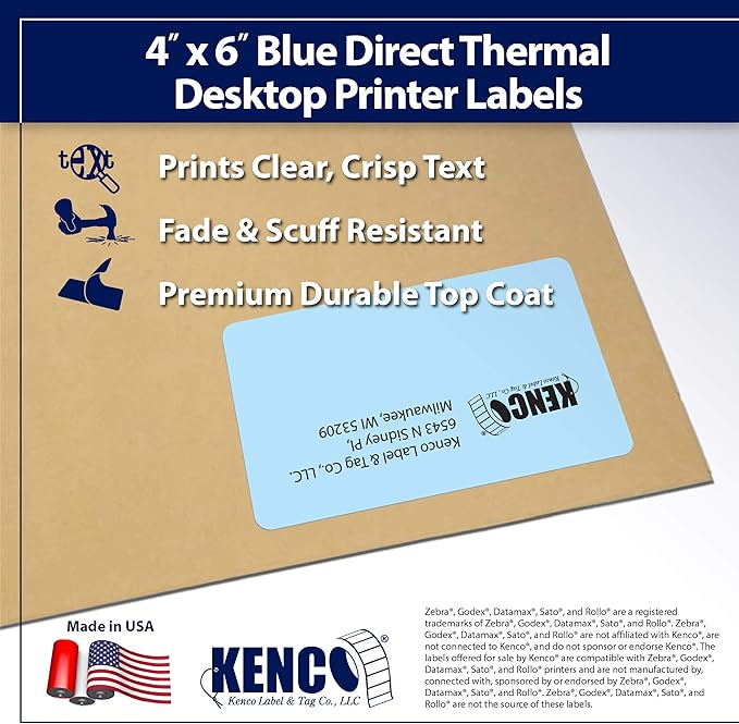 4" X 6" Direct Thermal Perforated Stickers Labels for Shipping Labels, Inventory, and Color Coding - Compatible with Zebra, Rollo, Godex and More (Blue, 12 Rolls)
