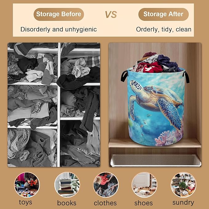 Sea Turtle Laundry Hamper,Collapsible Laundry Baskets,Colorful Coral Dirty Clothes Baskets with Handles,Oxford Cloth Hamper for Bedroom,Bathroom,College Dorms, 16"x20"