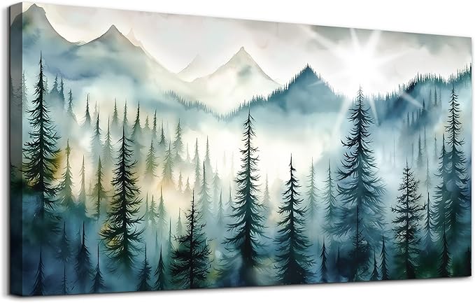 Lapremoly Framed Wall Art - Modern Fog Forest Landscape Canvas Prints for Living Room, Bedroom, Office - Ready to Hang - Blue Abstract Wall Decor