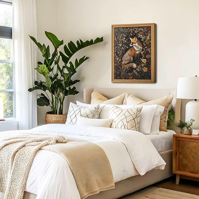 AKWISH Framed 3D Textured Vintage Wall Art - Dark Academia Decor Hand Drawn Sandstone Fox Paintings with Botanical Florals, Aesthetic Wall Decor for Living Room Bedroom Home 12x16 inch