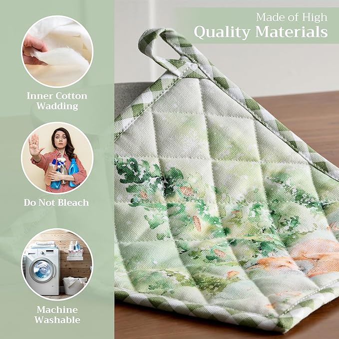 Maison d' Hermine Pot Holders Set 100% Cotton Heat Resistant Potholders 8" x 8" Hot Pads with Loop for Thanksgiving Christmas Decorations BBQ Baking Handling Hot Pans (Pack of 2, Winter Mornings)