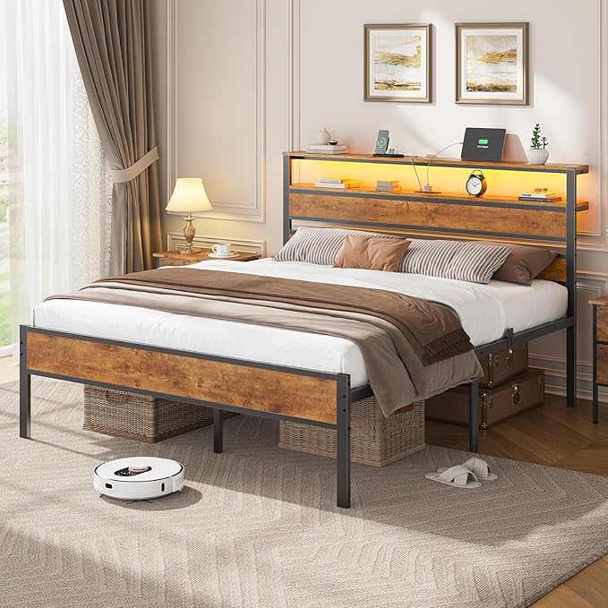 Hasuit Queen Bed Frame with Headboard LED Lights, Queen Size Bed with Charging Station 2-Tier Storage Shelves, Metal Platform Bed with Heavy Duty Slat, Fast Assembly, No Box Spring Needed, Noise Free