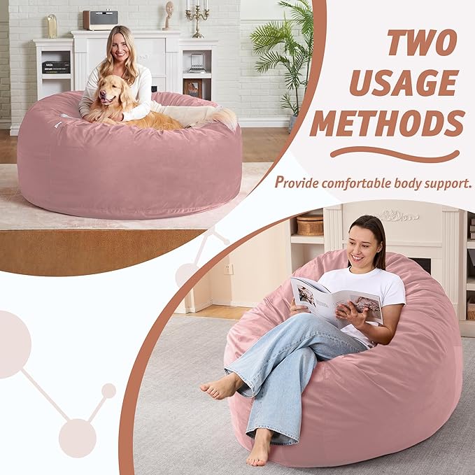 4FT Bean Bag Chair with Ultra Soft Velvet Cover Bean Bag Sofa with Memory Foam Bean Bag Chairs with Large Size Lazy Sofa for Dorm Office Living Room Bedroom Dusty Pink 4'