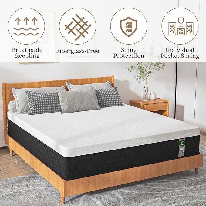 12 inch Queen Mattress in a Box - 12 Inch Memory Foam Mattress Queen Size - Hybrid Matress for Back Pain Relief - Medium Firm with Motion Isolation & Strong Edge Support