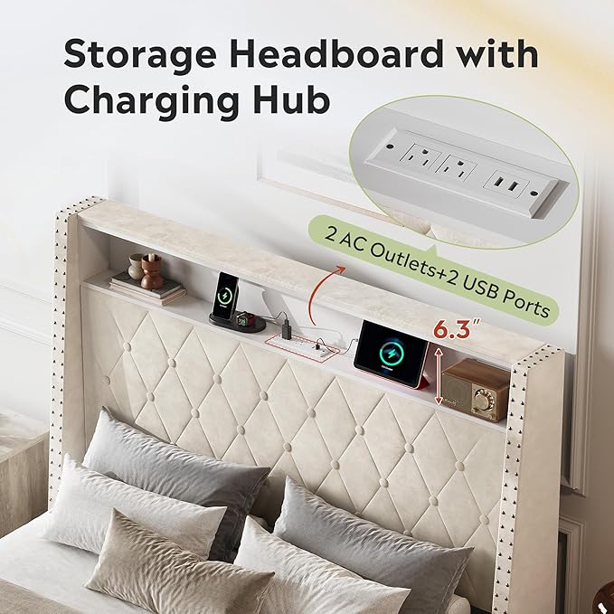 WLIVE Full Size Upholstered Bed Frame with Storage Headboard, Velvet Square Tufted Platform Bed with Charging Station, Sturdy Metal & Wooden Slats Support, No Box Spring Needed, Beige